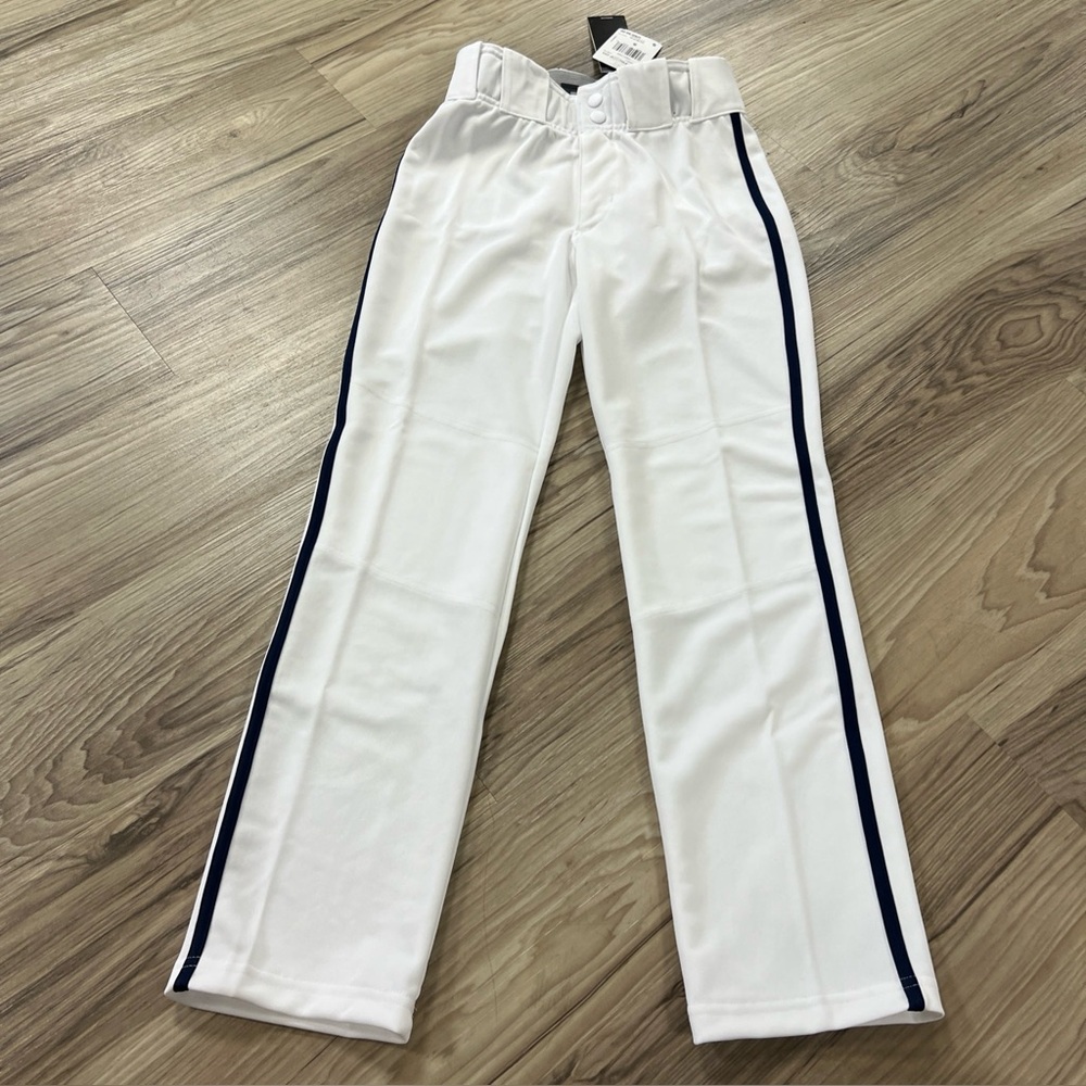 adidas Icon Pro Baseball Pants White w/Navy Piping Full Length Boys Small GQ9153